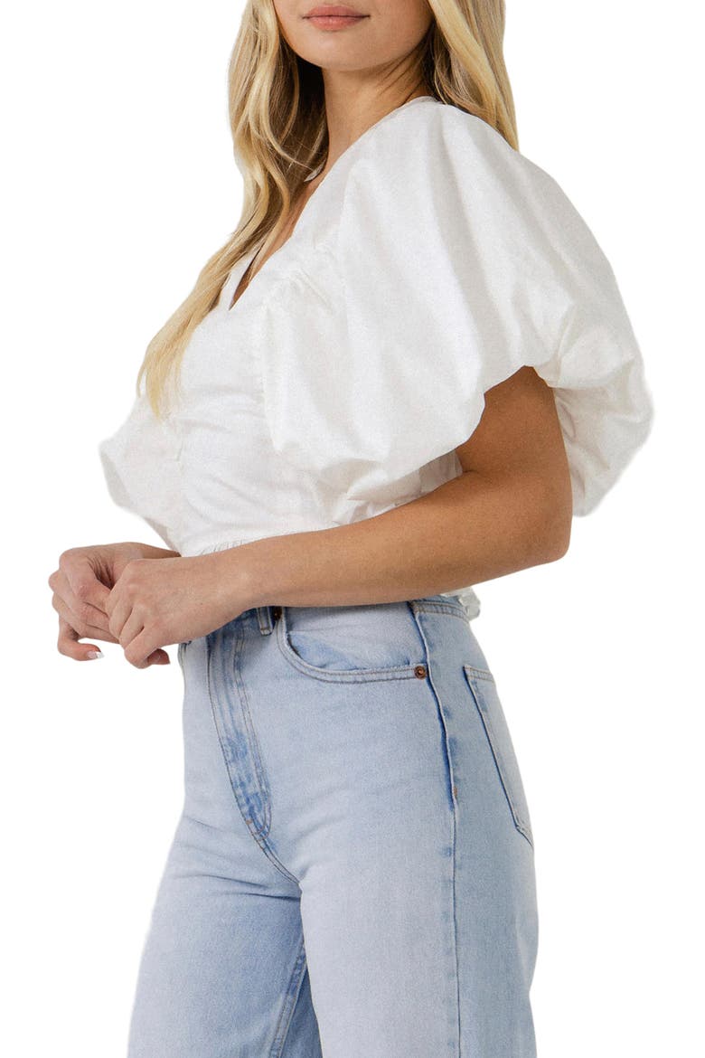 Puff Sleeve Cotton Crop Top, Alternate, color, WHITE