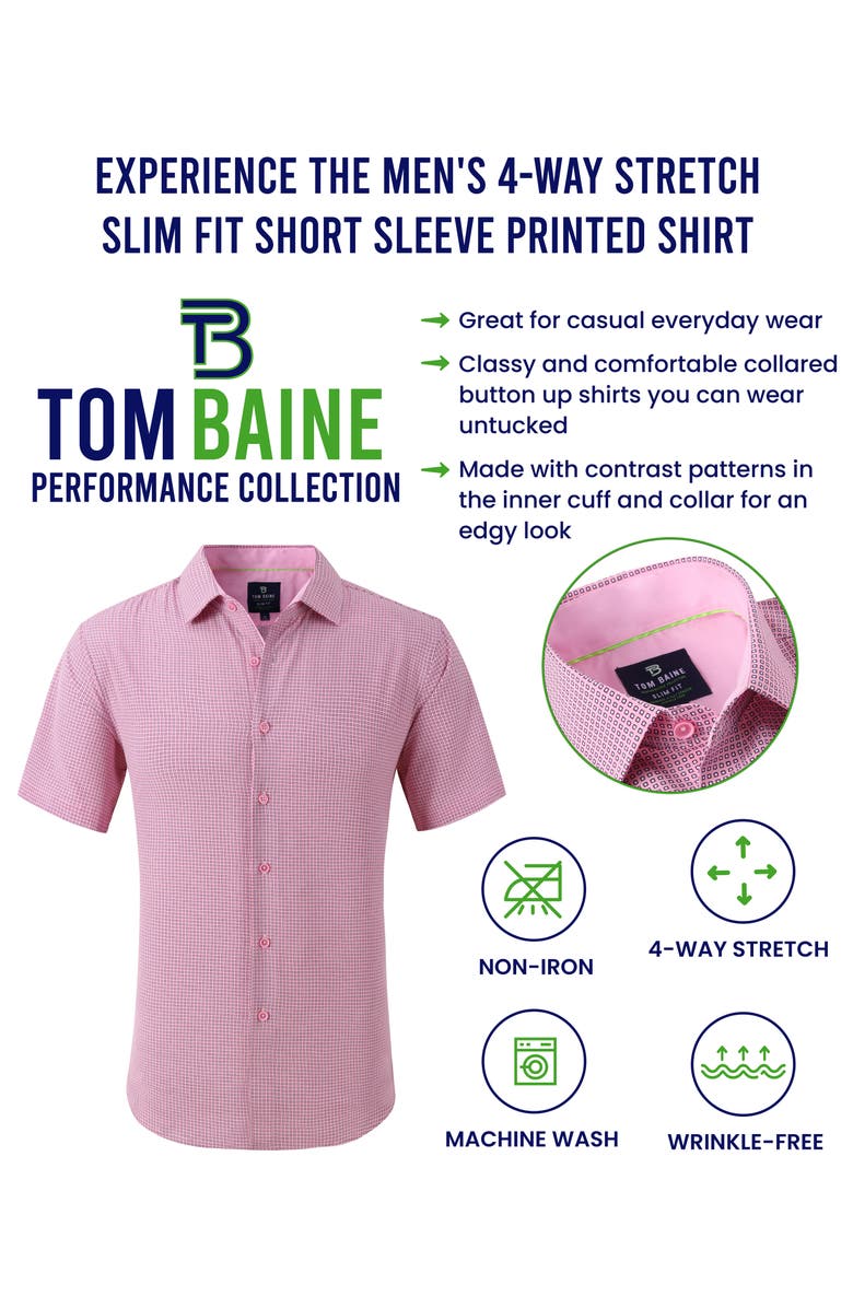TOM BAINE Slim Fit Short Sleeve Performance Stretch Button-Up Shirt, Alternate, color, Pink