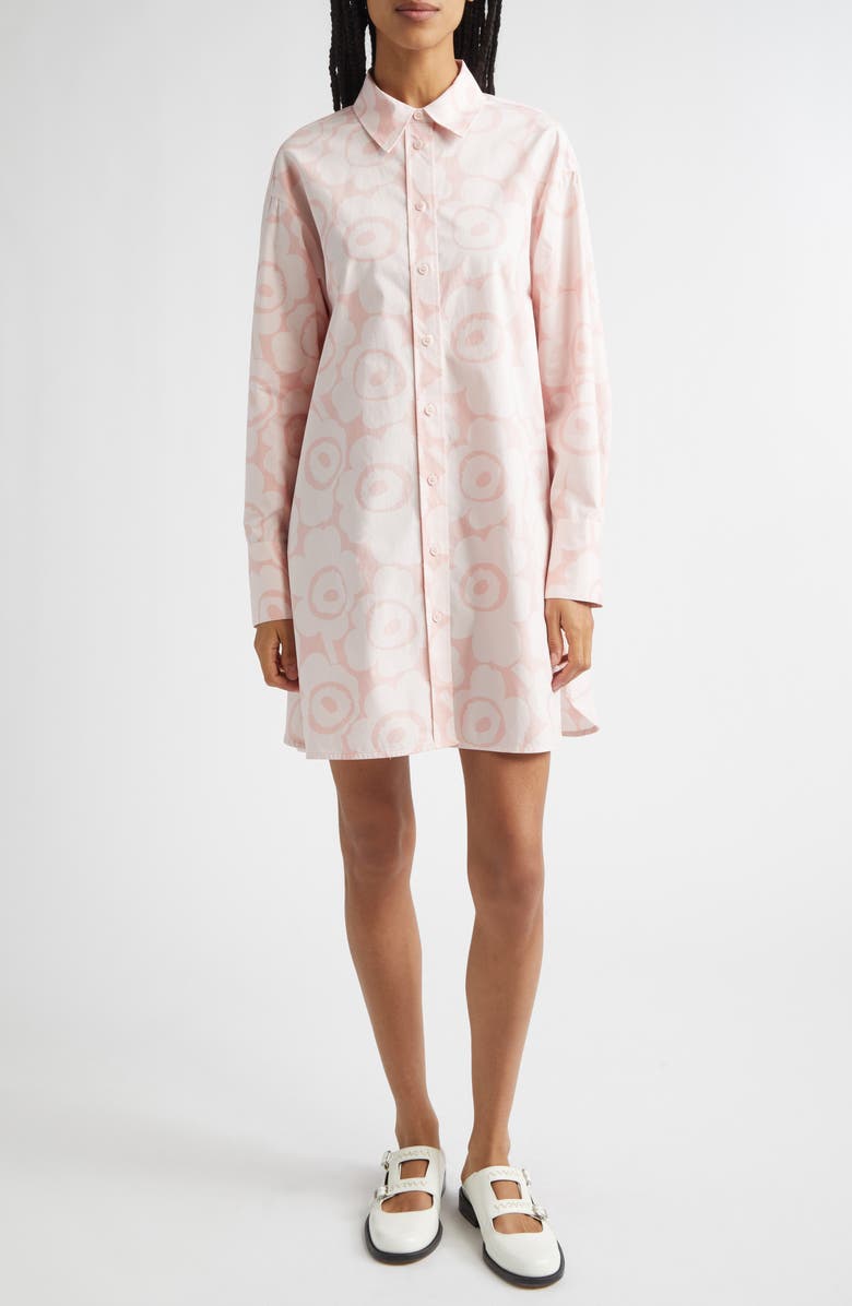 Marimekko Kuvitelma Unikko Long Sleeve Cotton Poplin Shirtdress, Main, color, Light Pink