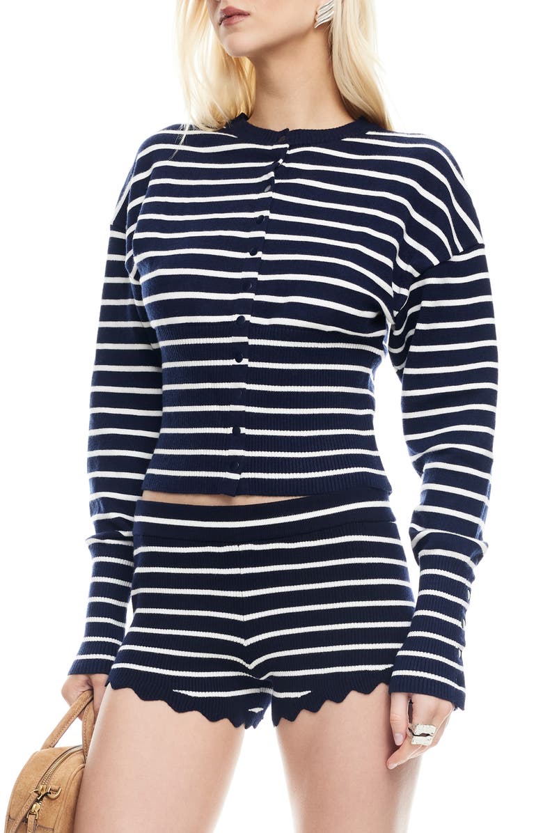 LIONESS Head in the Clouds Stripe Cardigan, Main, color, Navy Stripe