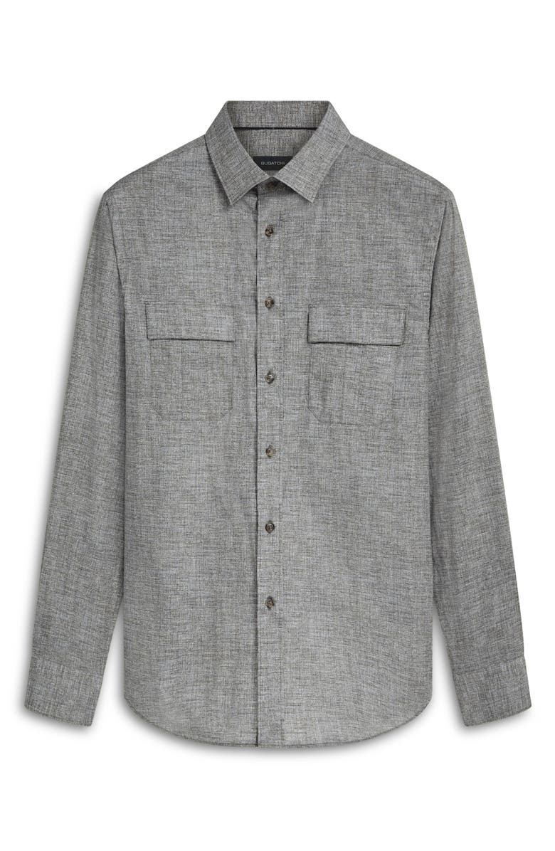 Bugatchi Jasper Shaped Fit Heather Stretch Chambray Button-Up Shirt, Alternate, color, Khaki