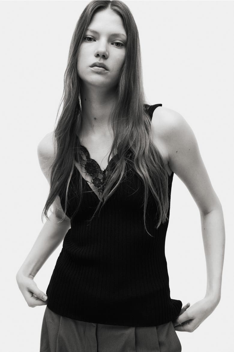 Lace-trimmed Vest Top, Main, color, Black