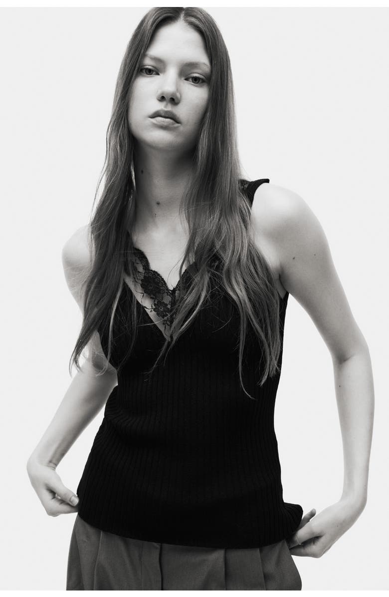 H&M Lace-trimmed Vest Top, Alternate, color, Black