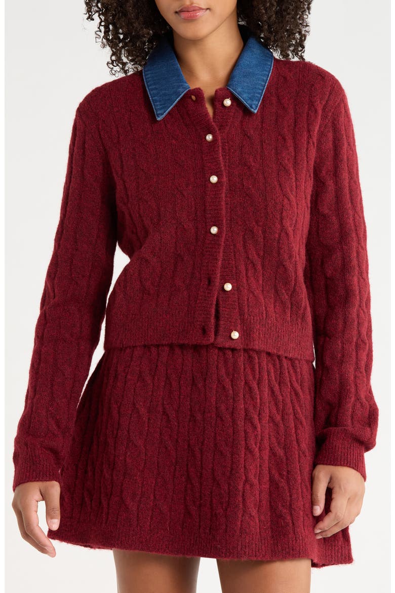 Removable Denim Collar Cardigan, Alternate, color, DARK CHERRY