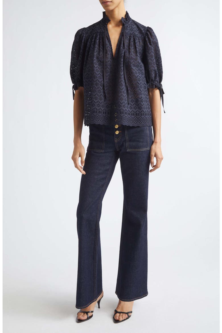 Alouette Eyelet Puff Shoulder Top, Alternate, color, MIDNIGHT