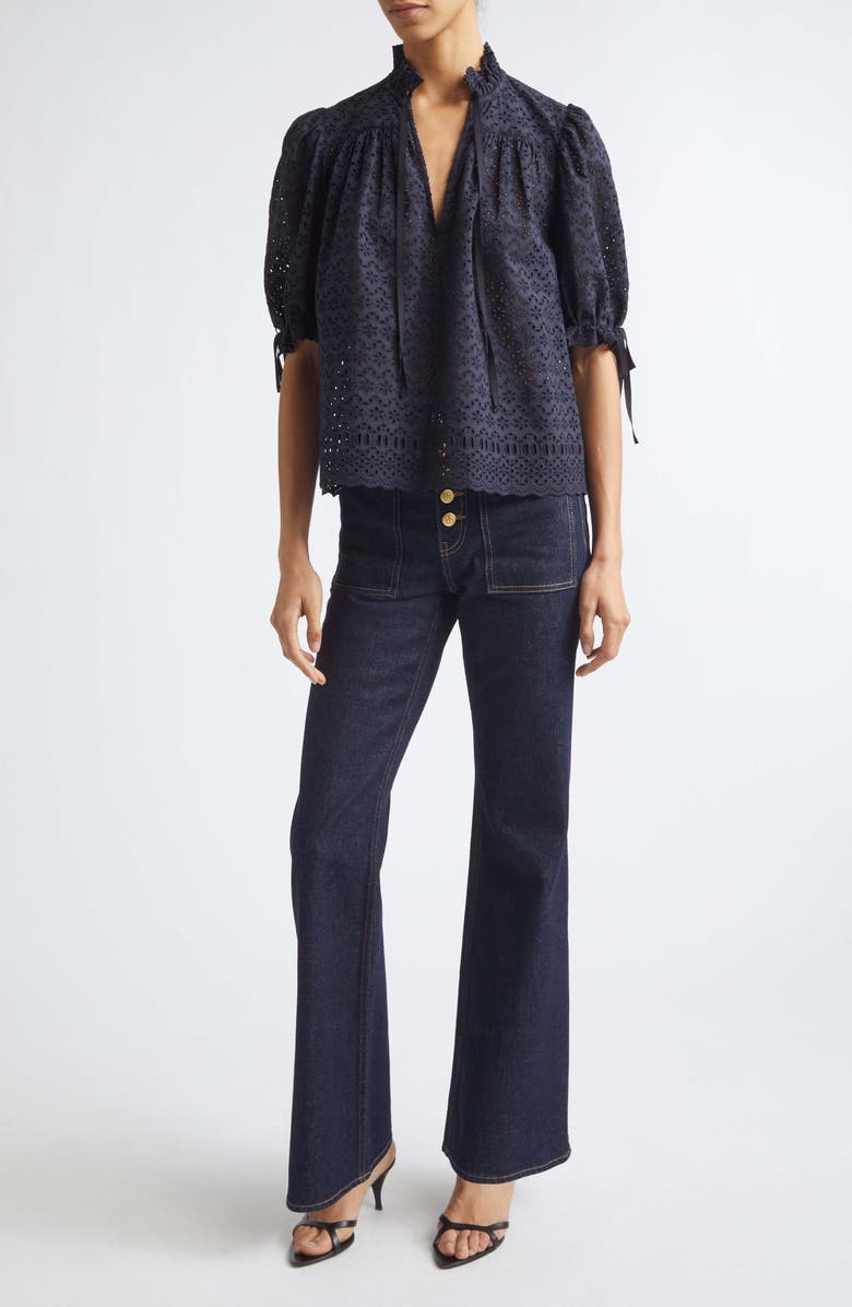 Ulla Johnson Alouette Eyelet Puff Shoulder Top, Alternate, color, Midnight