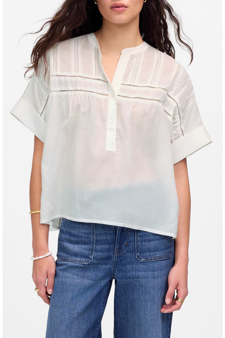 Lace Inset Pintucked Henley Top, Main, color, WHITE