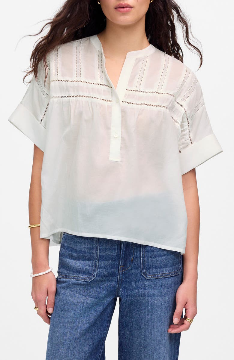 Madewell Lace Inset Pintucked Henley Top, Main, color, White