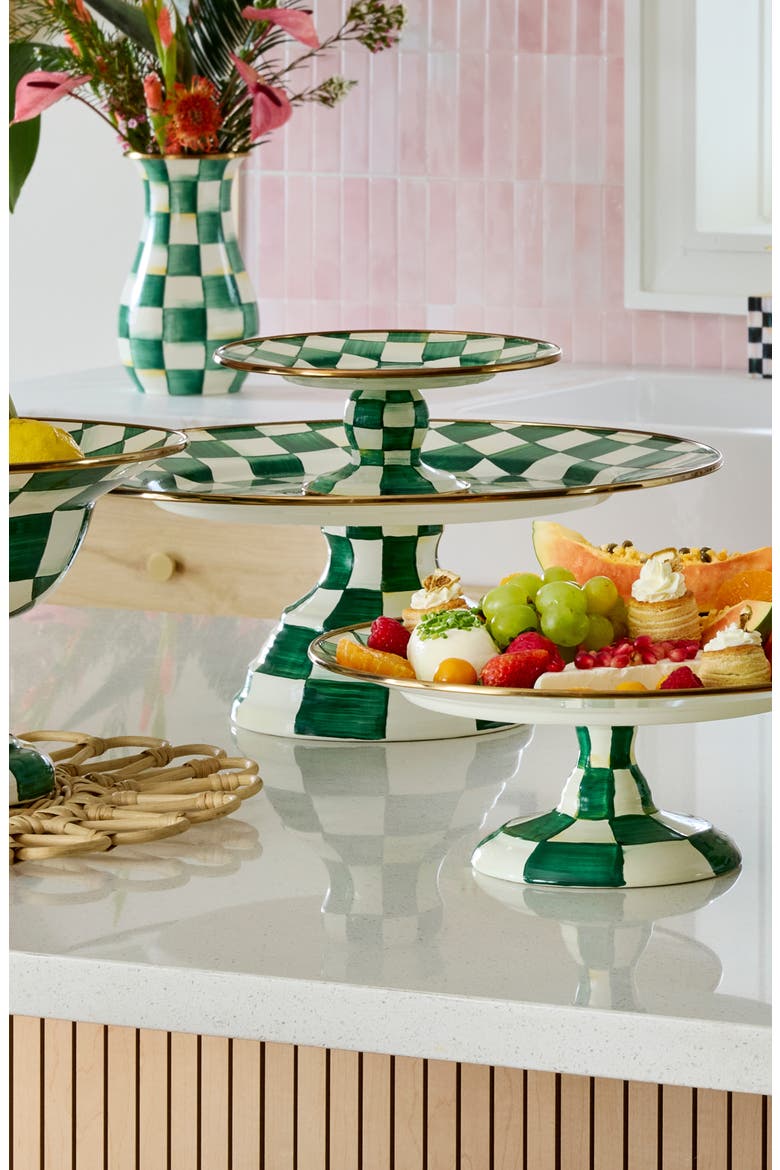 Emerald Check Large Pedestal Platter, Alternate, color, EMERALD