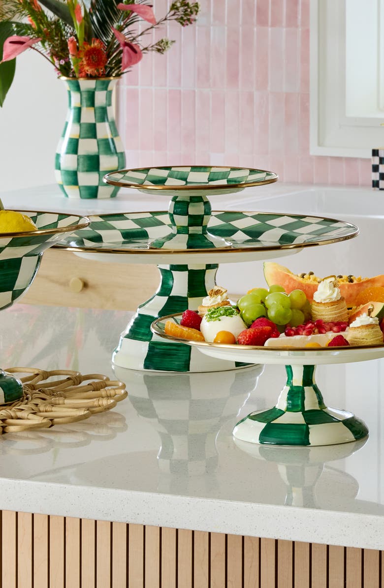 MACKENZIE CHILDS Emerald Check Large Pedestal Platter, Alternate, color, Emerald