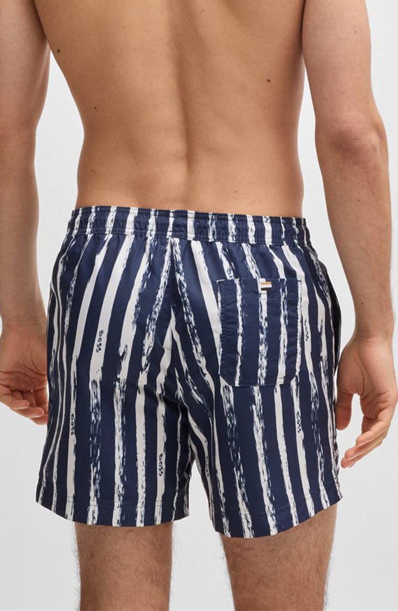 BOSS Stripe Swim Trunks, Alternate, color, Navy