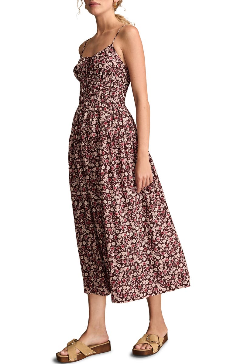 Lucky Brand Floral Shirred Bodice Midi Sundress, Alternate, color, Chocolate Floral