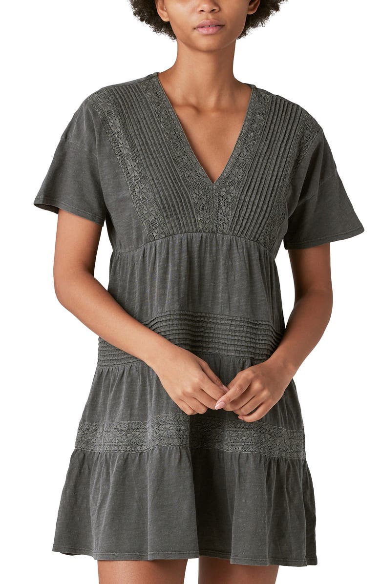 Lucky Brand Pintuck V-Neck Cotton Minidress, Main, color,