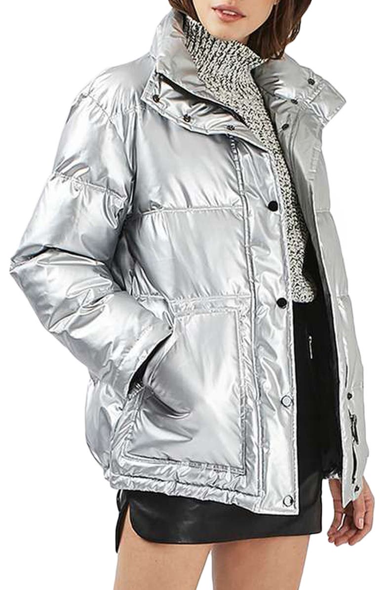 Topshop Bianca Metallic Puffer Jacket, Main, color, 