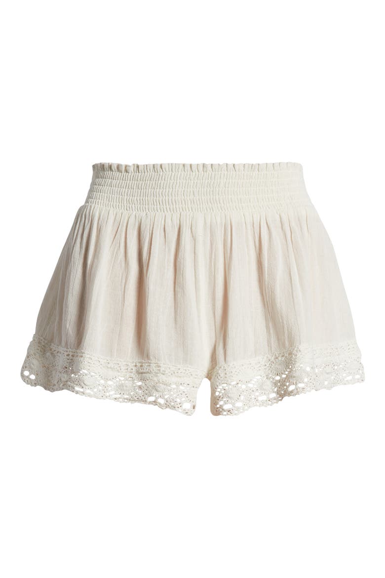 Smocked Waist Lace Hem Cotton Shorts, Alternate, color, ECRU