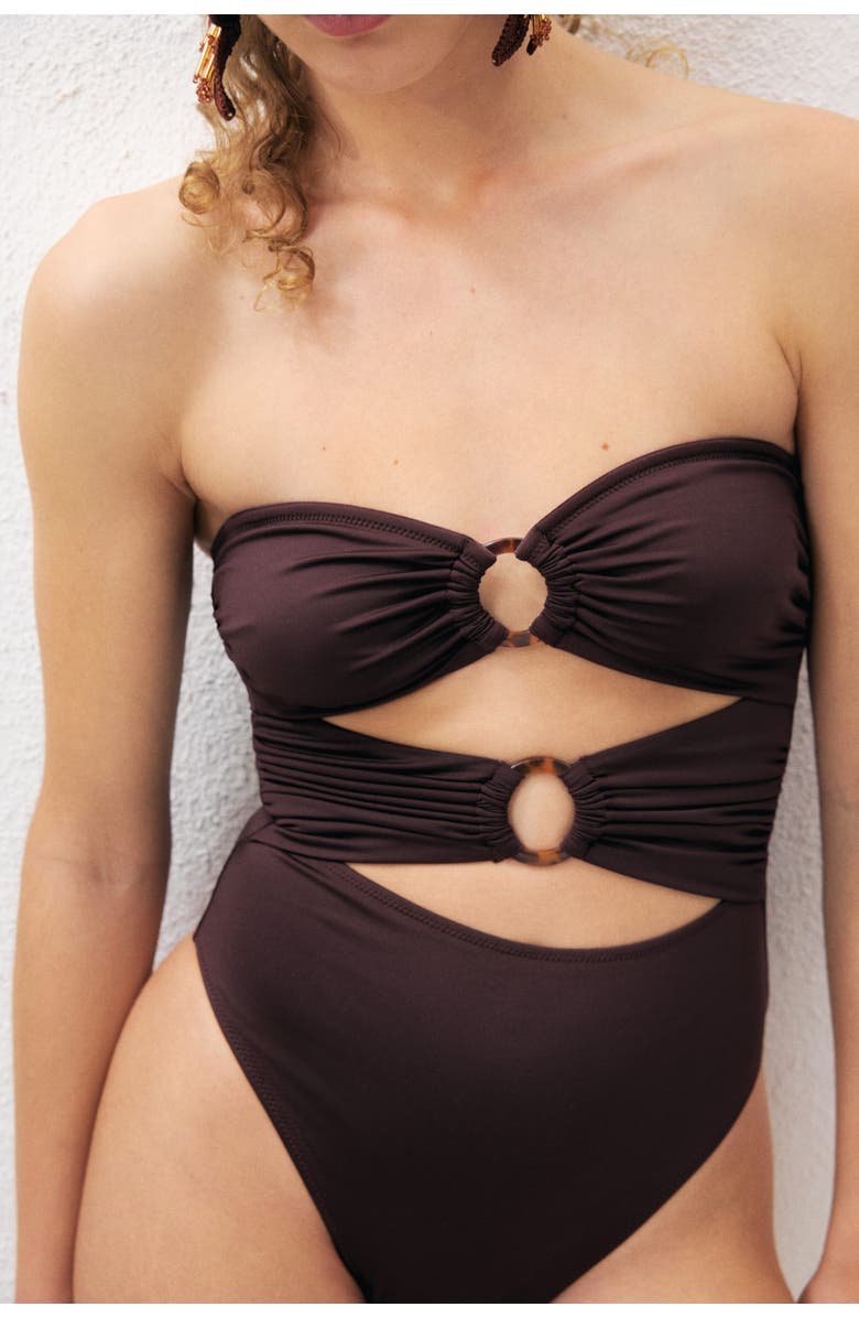 H&M Padded-cup Bandeau Swimsuit, Alternate, color, Dark Brown