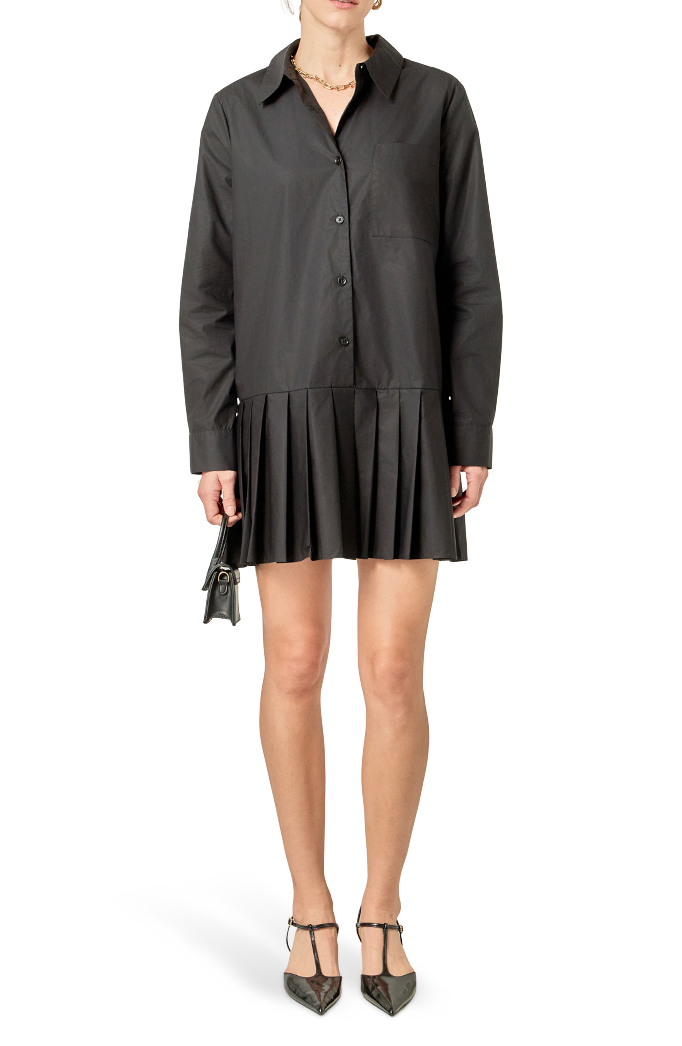 Pleated Long Sleeve Shirtdress