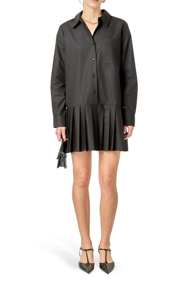 Pleated Long Sleeve Shirtdress, Main, color, BLACK