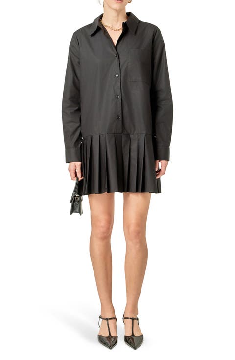 Pleated Long Sleeve Shirtdress