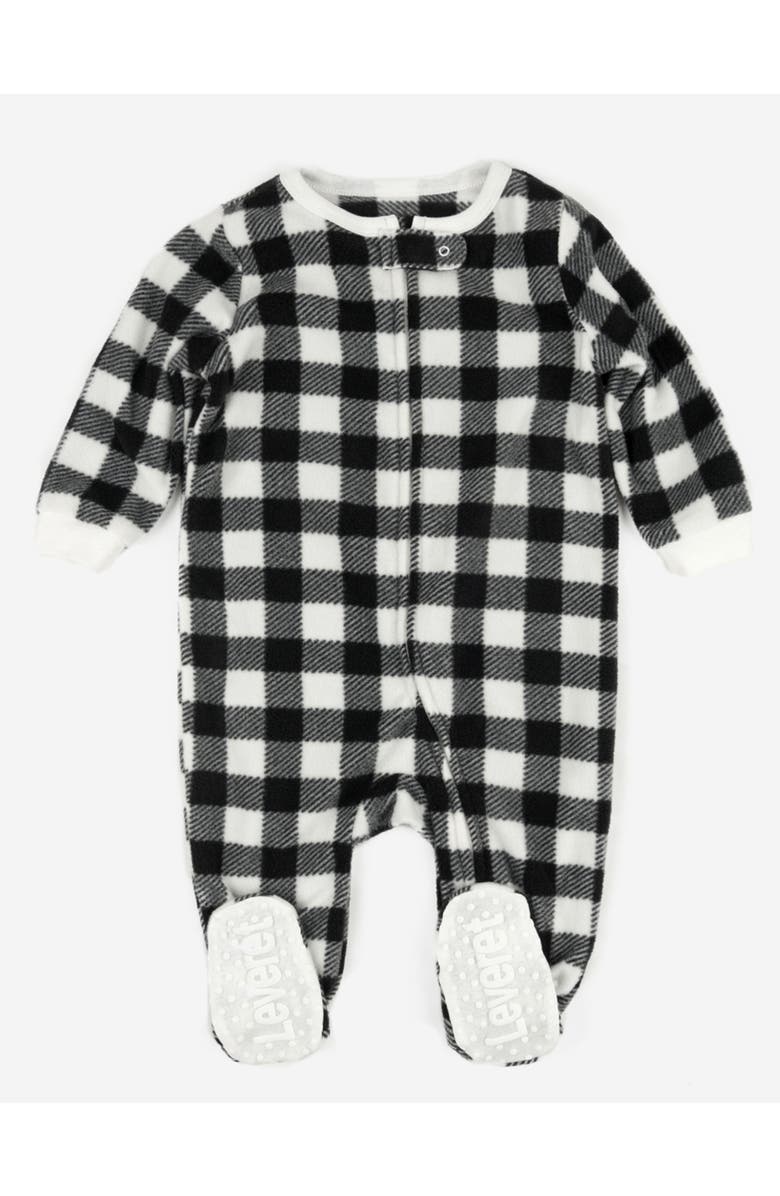 Leveret Footed Fleece Printed Holiday Pajamas, Main, color, Plaid Black & White
