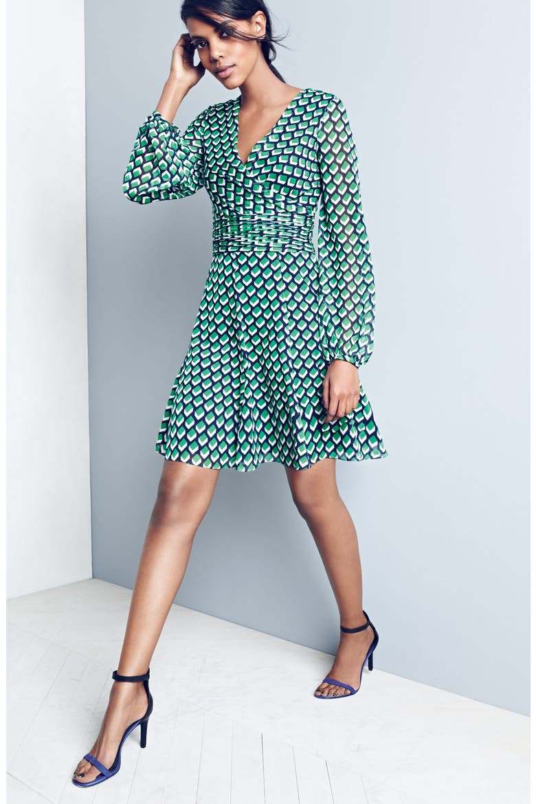 'Ashlynn' Cube Print Silk Dress, Alternate, color, BRICKS GREEN