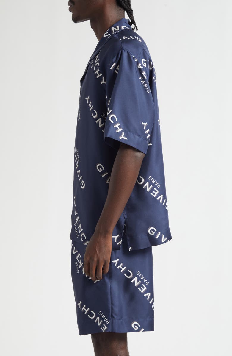 Givenchy Logo Print Silk Bowling Shirt, Alternate, color, Navy