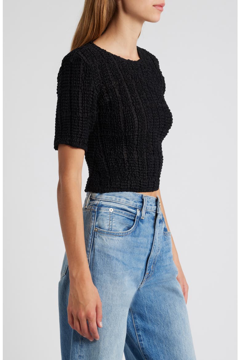 Janet Texture Puff Sleeve Crop Top, Alternate, color, BLACK