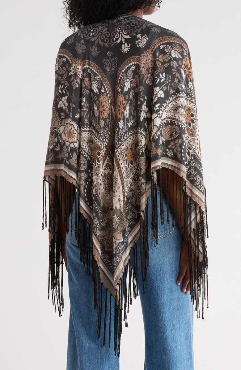 BCBG Floral Fringe Cape, Alternate, color, Black