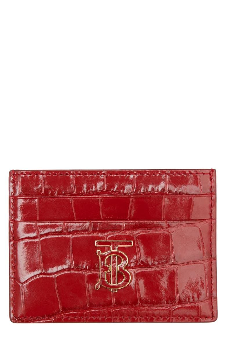TB Monogram Croc Embossed Leather Card Case, Main, color, DARK CARMINE