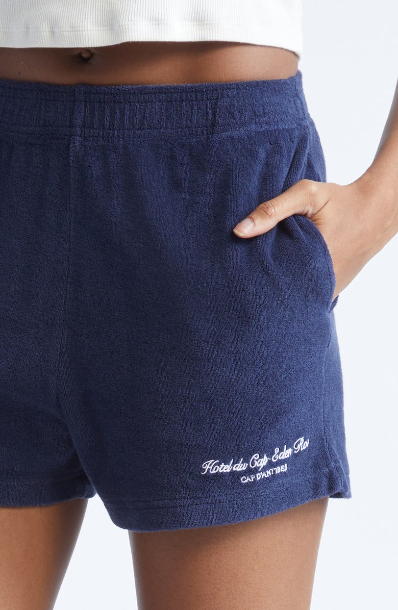 Sporty & Rich Eden Script Terry Shorts, Alternate, color, Dark Navy