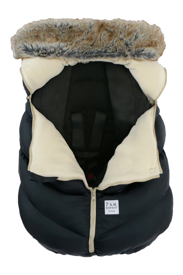 Water Repellent Faux Fur Trim Car Seat Cocoon, Alternate, color, BLACK FAUX FUR