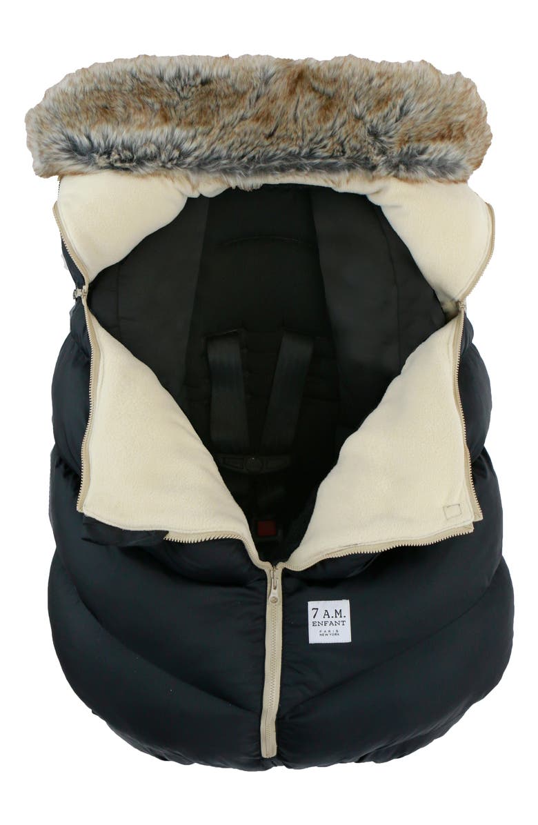 7 A.M. Enfant Water Repellent Faux Fur Trim Car Seat Cocoon, Alternate, color, Black Faux Fur