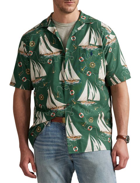 Big & Tall Sailboat-Print Oxford Camp Shirt