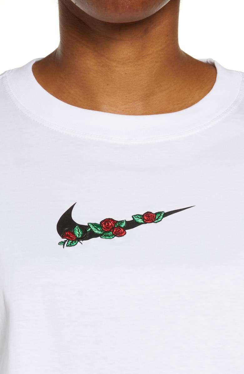 Nike Sportswear Embroidered Floral Swoosh Graphic Tee, Alternate, color,