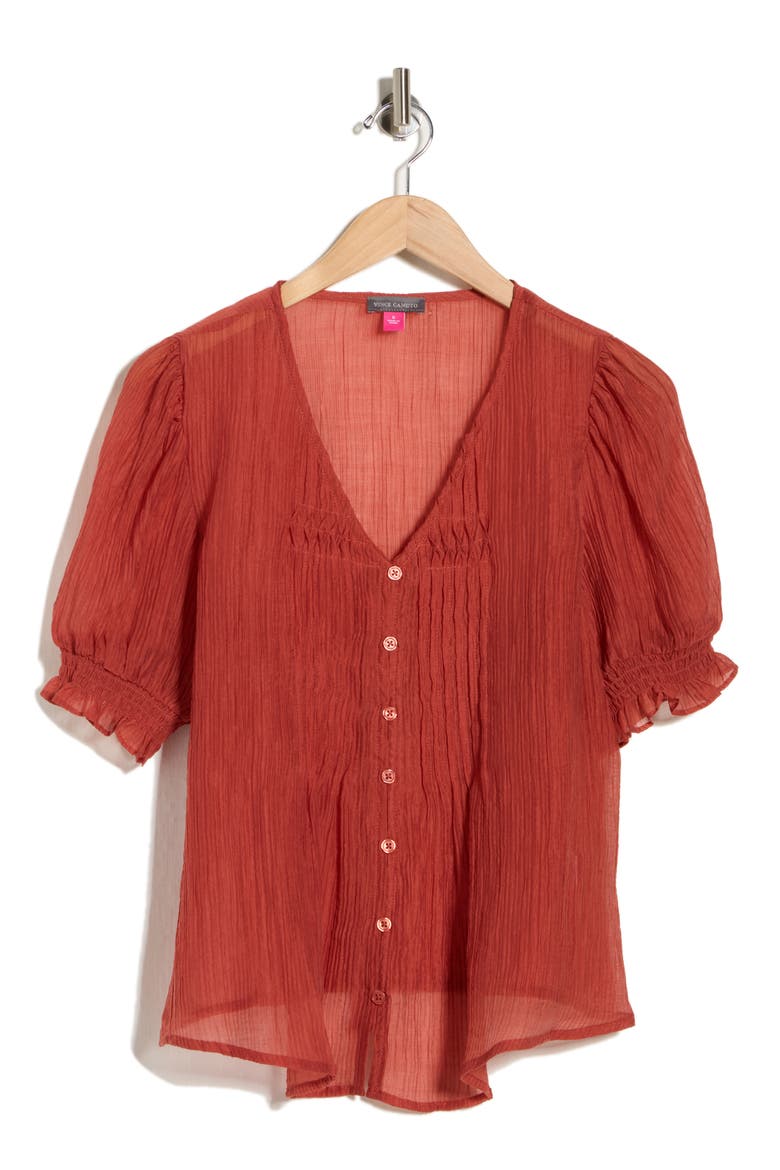 Pintuck V-Neck Puff Sleeve Top, Alternate, color, RUST