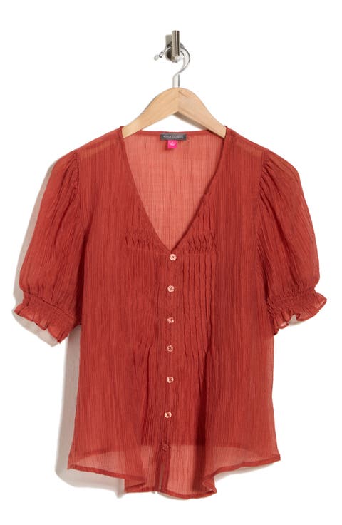 Pintuck V-Neck Puff Sleeve Top