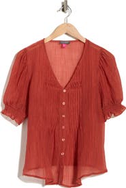 Vince Camuto Pintuck V-Neck Puff Sleeve Top