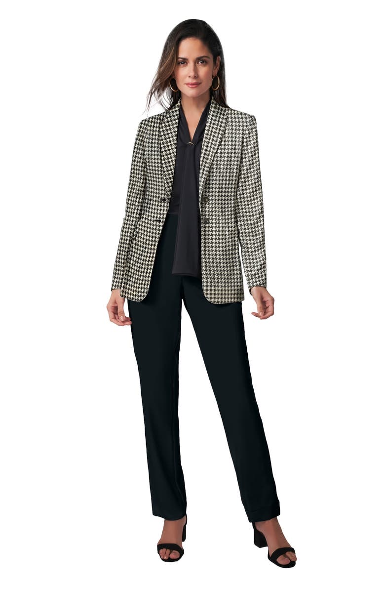 Jessica London Petite 2-Piece Stretch Crepe Single-Breasted Pantsuit, Main, color, Black Houndstooth