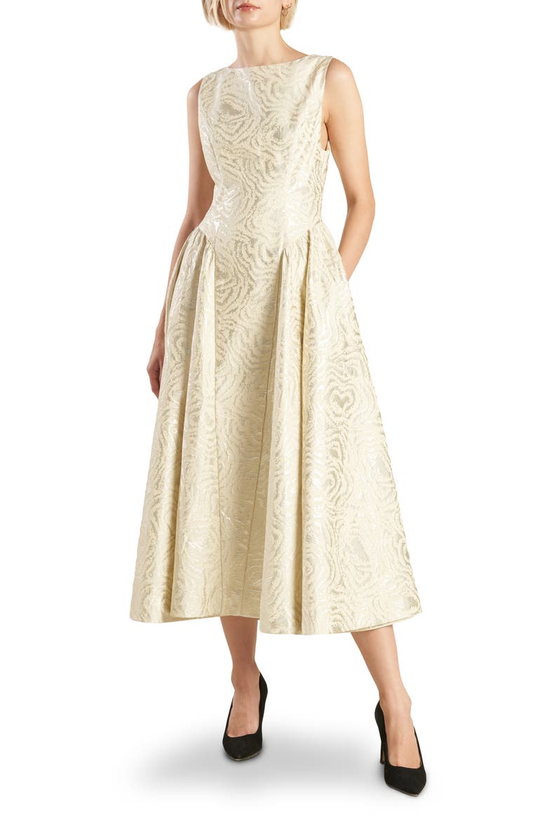 Floral Jacquard Cocktail Midi Dress, Main, color, CHAMPAGNE
