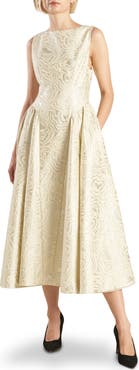 FREEMARKET Floral Jacquard Cocktail Midi Dress
