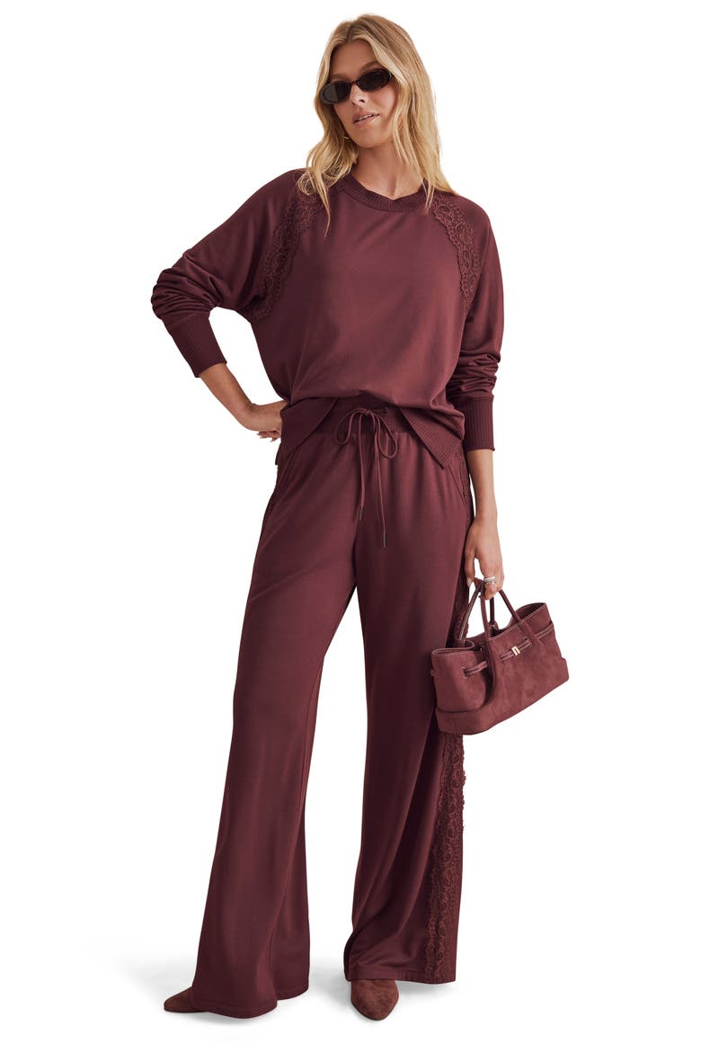 Lace Trim Drawstring Pants, Alternate, color, MERLOT BURGUNDY