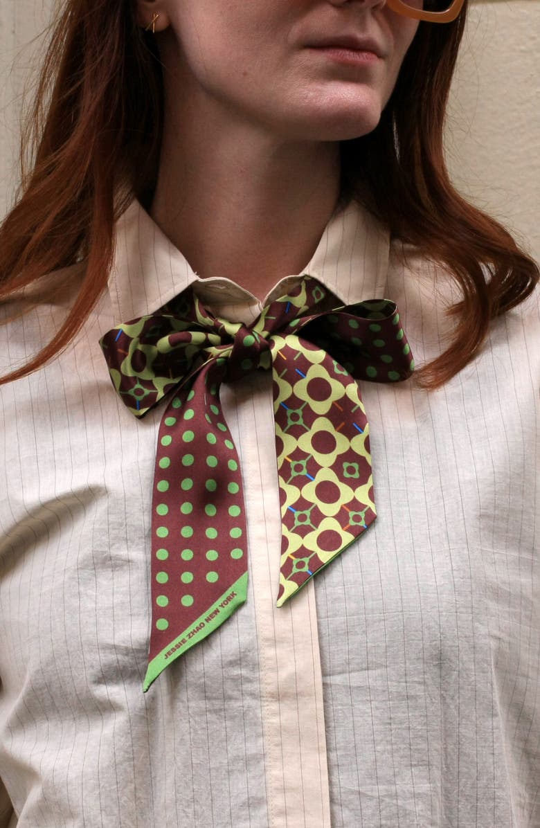 Jessie Zhao New York Silk Skinny Scarf Of Polka Dot Bloom, Alternate, color, Brown