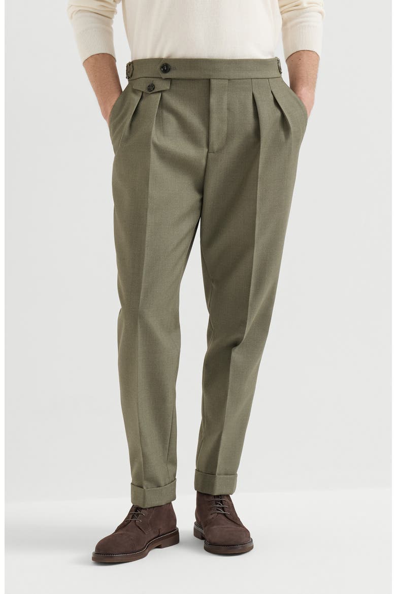 Virgin wool diagonal trousers with reversed double pleats and waist tabs, Main, color, Military