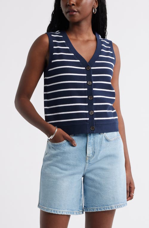 caslon(r) Button Front Knit Tank in Navy S White Stripe at Nordstrom, Size Large