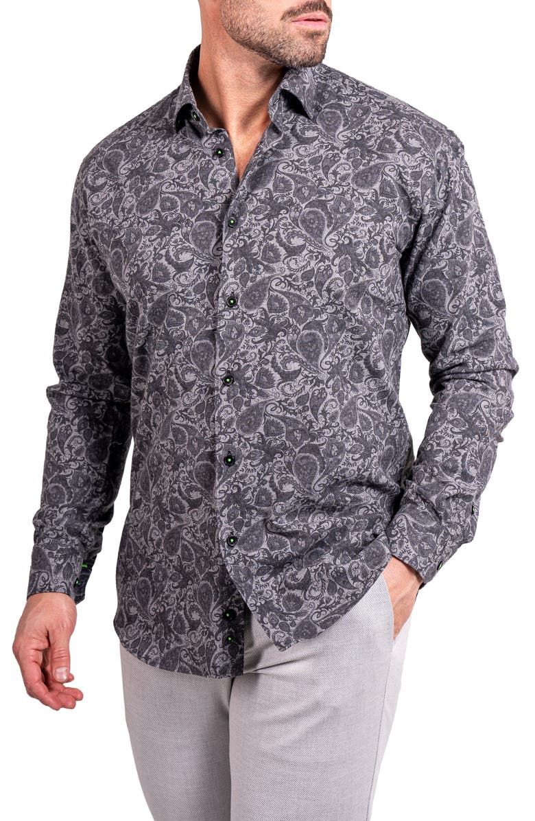 Maceoo Fibonacci Ascension 0252 Paisley Contemporary Fit Button-Up Shirt, Alternate, color, Grey