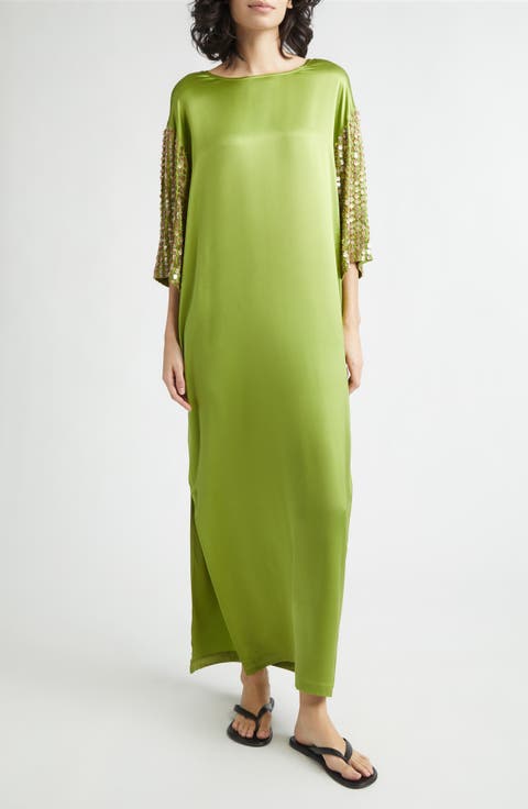 Jewels Paillette Embellished Silk Satin Dress