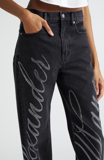 【関税込み】Alexander Wang Jeans with logo crystal hotfix clear crystal hotfix moto pant in cotton denim in BLACK