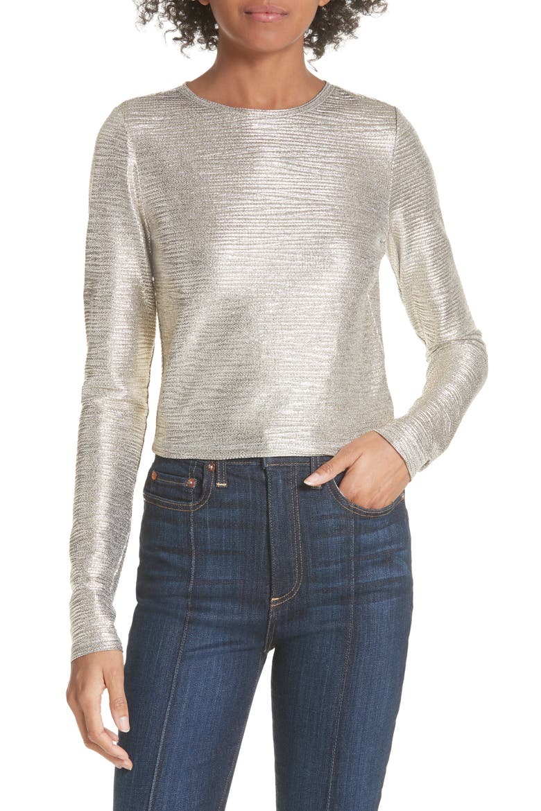 Delaina Silver Long Sleeve Crop Top, Main, color, SILVER FOIL