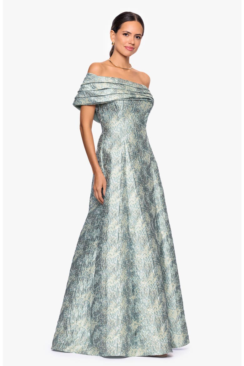 Floral Brocade Off the Shoulder Gown, Alternate, color, SAGE/ IVORY