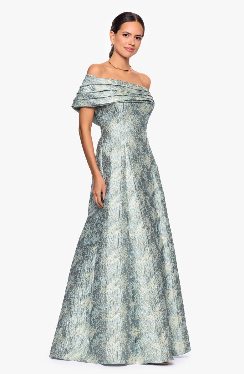 Betsy & Adam Floral Brocade Off the Shoulder Gown, Alternate, color, Sage/ Ivory